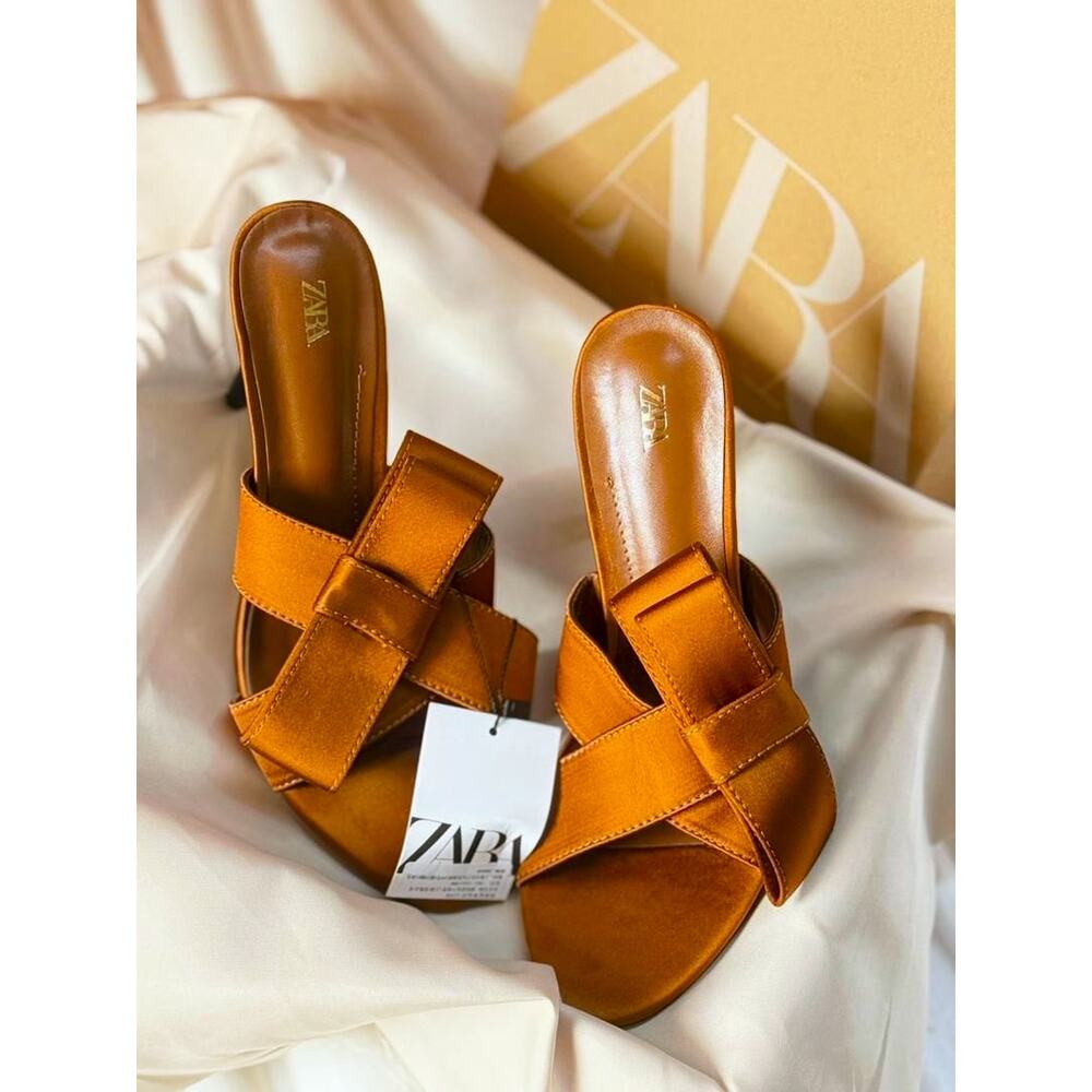 ZARA Satin Brown Heels NWT | Crossover Strap with Bow Detail - Picture 12 of 16